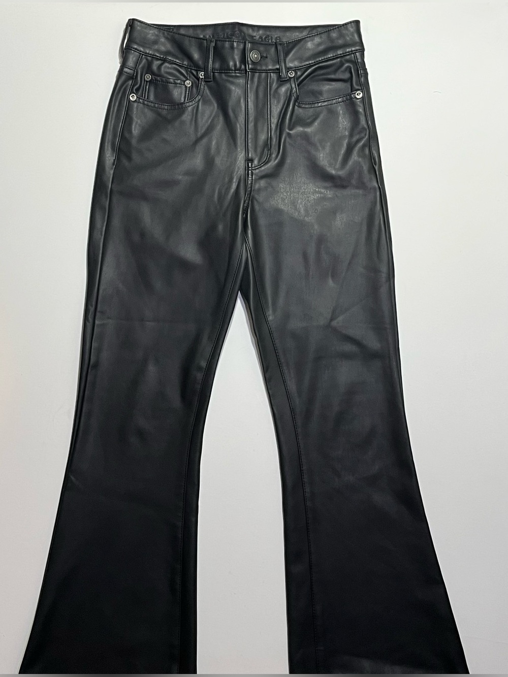American Eagle Super Hi-Rise Flare Faux Leather Pants, Size 4 Regular, Black